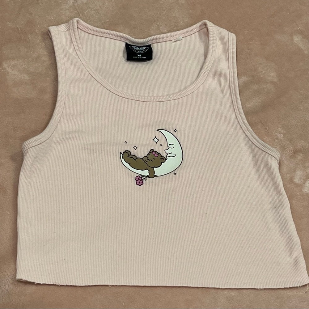 PacSun Sleeveless Ribbed Light Pink Crop Top with Sleeping Bear on Moon Design